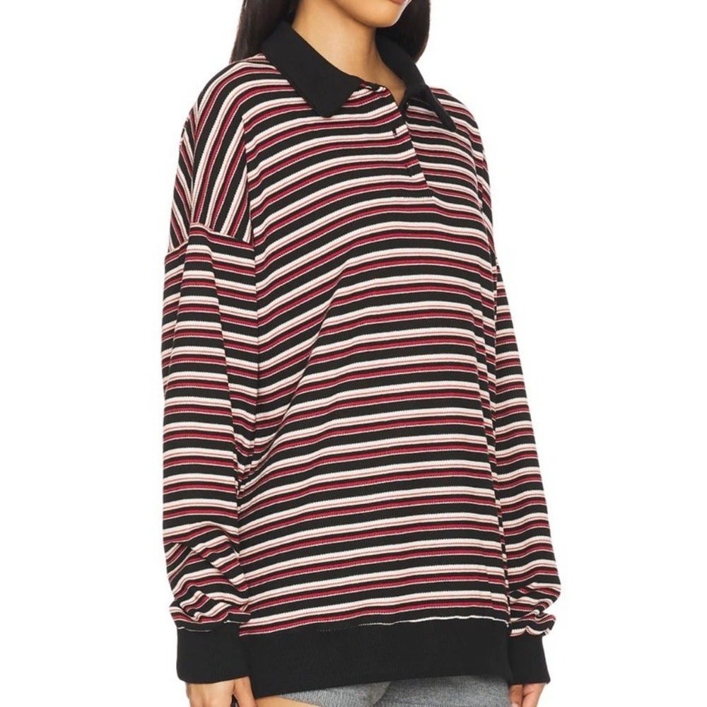 Lioness Women's LARGE Rugby Stripe Long Sleeve Polo Shirt Onyx Jersey Multi